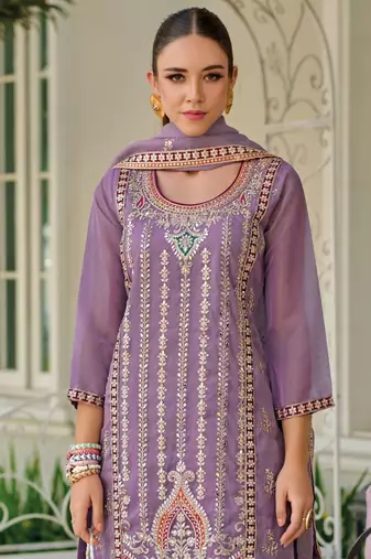 LIGHT PURPLE SILK EMBROIDERY WORK SUIT SET 