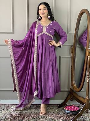 Purple Embroidered Viscose Fabric Straight Kurta, Pant and Dupatta Set 1
