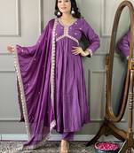 Purple Embroidered Viscose Fabric Straight Kurta, Pant and Dupatta Set