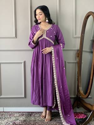 Purple Embroidered Viscose Fabric Straight Kurta, Pant and Dupatta Set 3