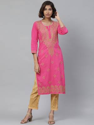 Hand embroidered pink cotton lucknowi chikankari kurta with palazzo 1