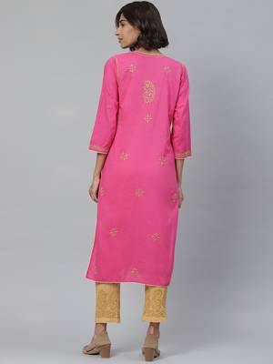 Hand embroidered pink cotton lucknowi chikankari kurta with palazzo 2