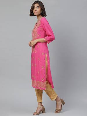 Hand embroidered pink cotton lucknowi chikankari kurta with palazzo 3
