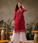 Hand embroidered red georgette lucknowi chikankari kurta/palazzo set with slip