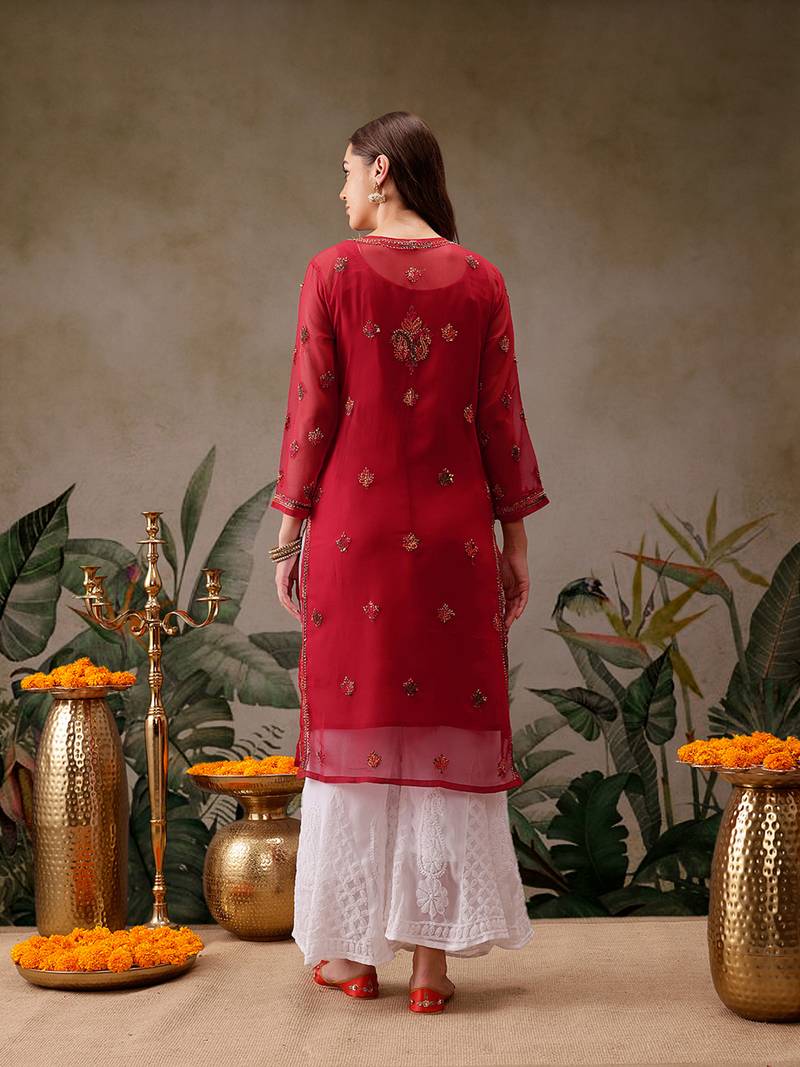 Hand embroidered red georgette lucknowi chikankari kurta/palazzo set with slip