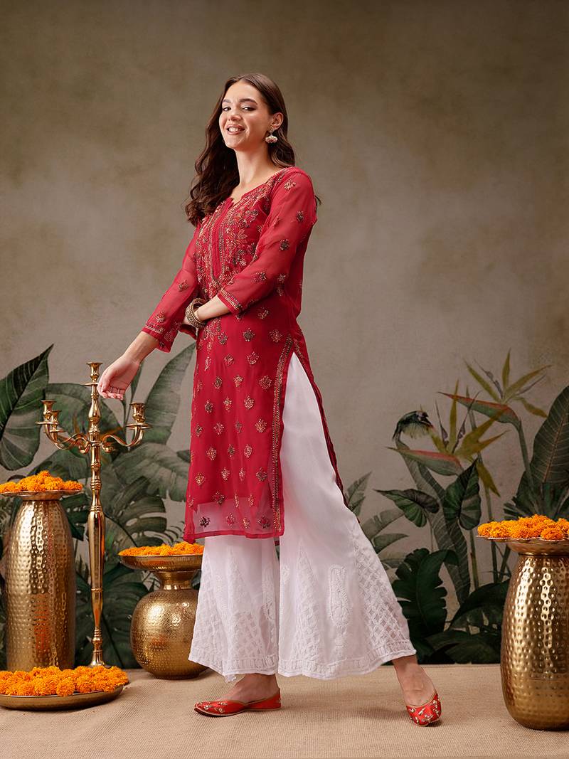 Hand embroidered red georgette lucknowi chikankari kurta/palazzo set with slip