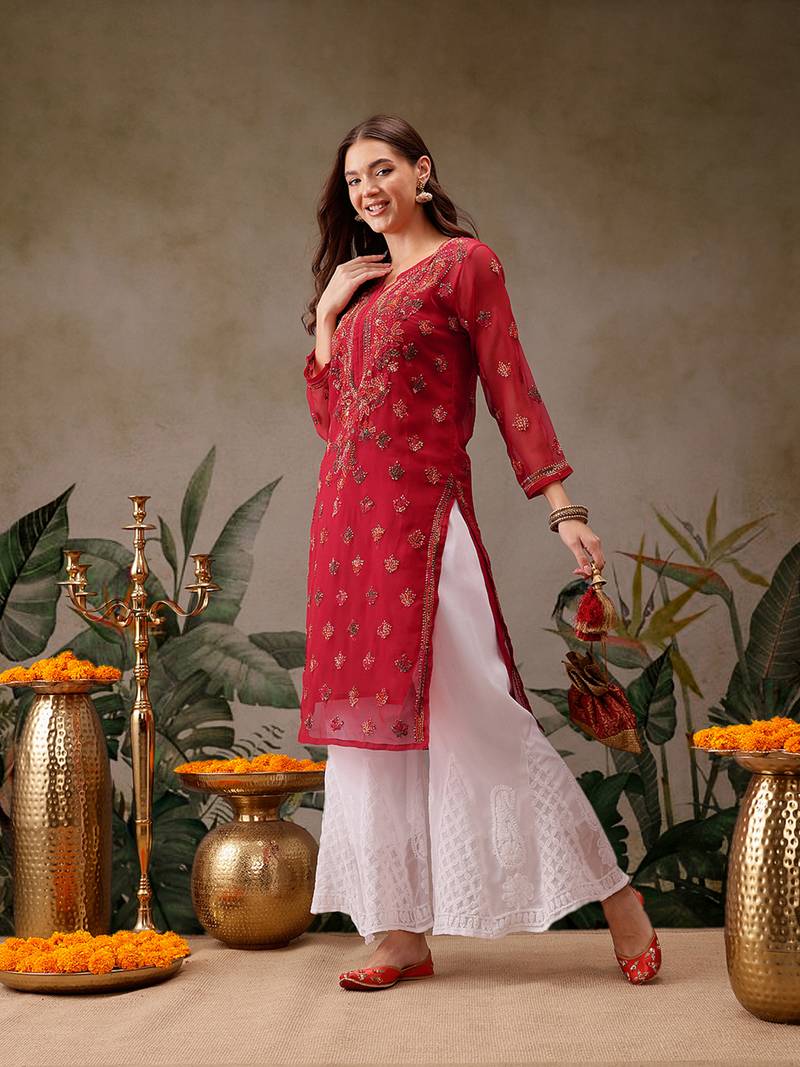 Hand embroidered red georgette lucknowi chikankari kurta/palazzo set with slip