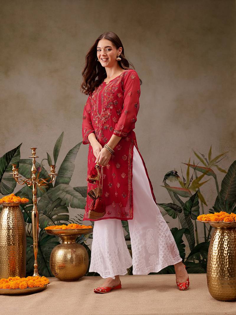 Hand embroidered red georgette lucknowi chikankari kurta/palazzo set with slip
