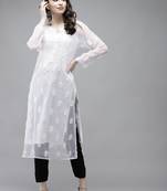 Hand embroidered white georgette lucknowi chikankari kurta set with slip