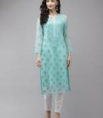 Hand embroidered sea green georgette lucknowi chikankari kurta set with slip