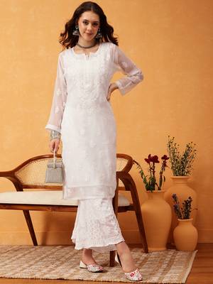 Hand embroidered white georgette lucknowi chikankari kurta/sharara set with slip 1