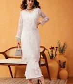 Hand embroidered white georgette lucknowi chikankari kurta/sharara set with slip