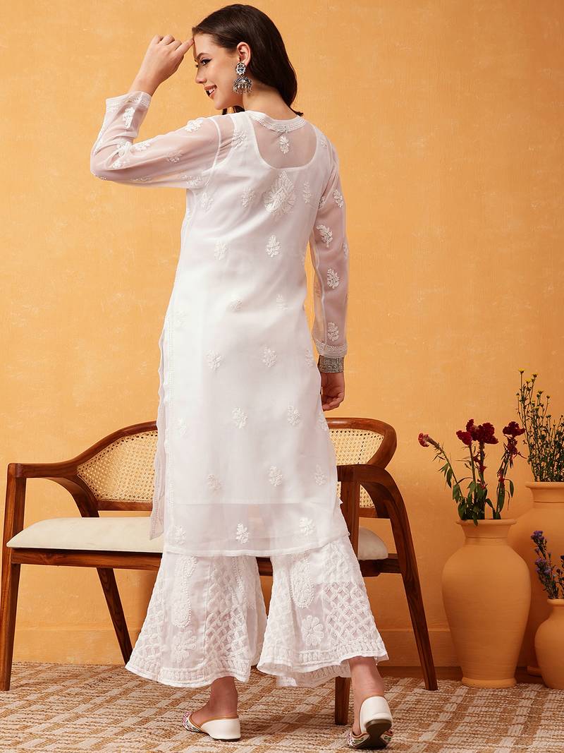 Hand embroidered white georgette lucknowi chikankari kurta/sharara set with slip