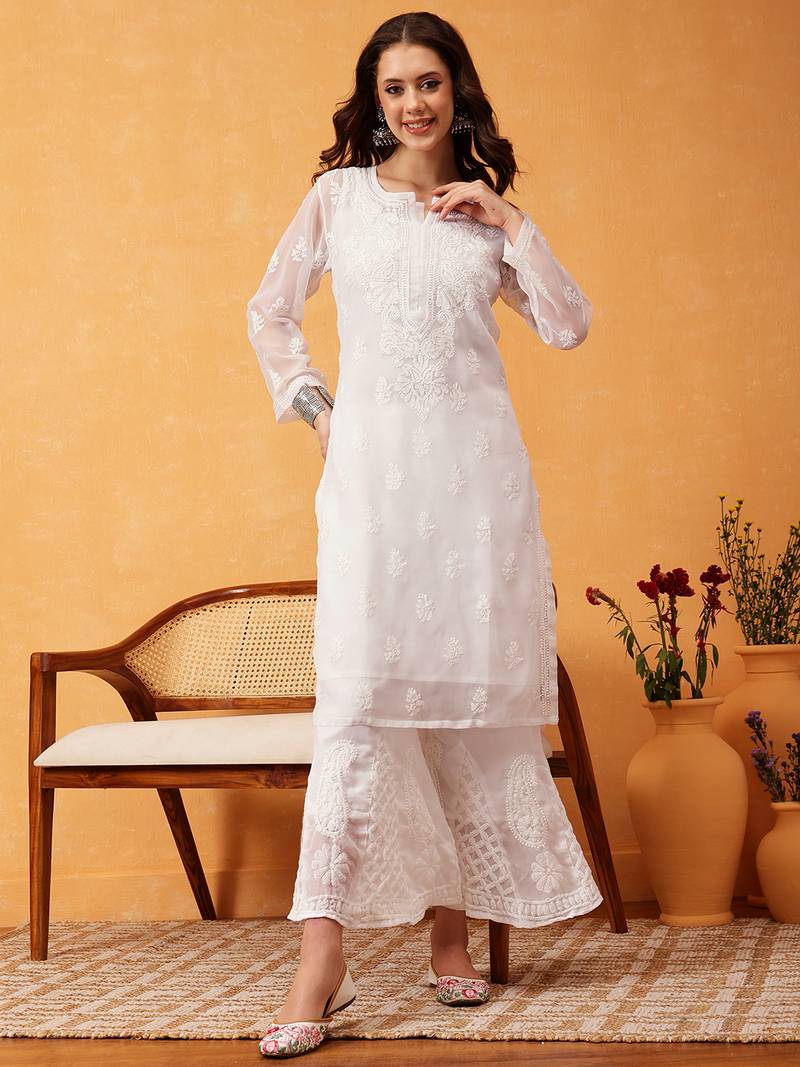 Hand embroidered white georgette lucknowi chikankari kurta/sharara set with slip