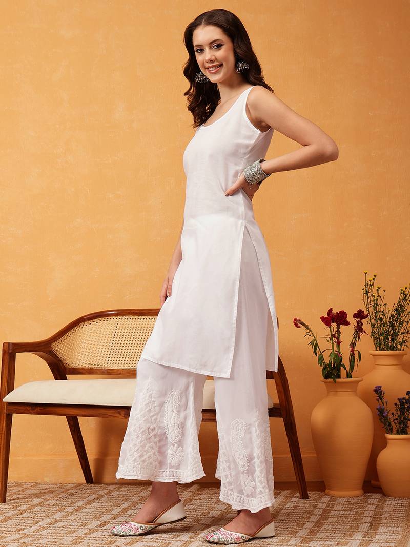 Hand embroidered white georgette lucknowi chikankari kurta/sharara set with slip