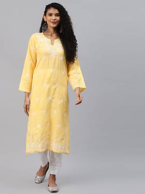 Hand embroidered yellow cotton lucknowi chikankari kurta set with trouser 1