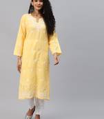 Hand embroidered yellow cotton lucknowi chikankari kurta set with trouser