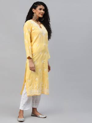 Hand embroidered yellow cotton lucknowi chikankari kurta set with trouser 3