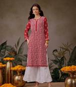 Hand embroidered red georgette lucknowi chikankari straight kurta with palazzo