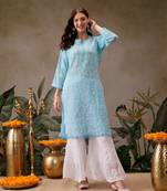 Hand embroidered blue georgette lucknowi chikankari straight kurta with palazzo