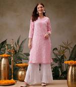 Hand embroidered baby pink georgette lucknowi chikankari straight kurta with palazzo