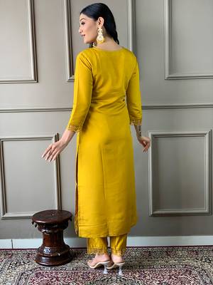 Mustard Embroidered Chanderi Straight Kurta Pant and Dupatta Set 2