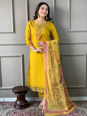 Mustard Embroidered Chanderi Straight Kurta Pant and Dupatta Set 3