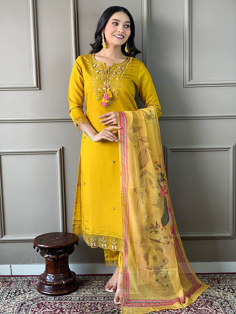 Mustard Embroidered Chanderi Fabric Straight Kurta, Pant and Dupatta Set
