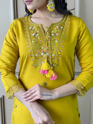 Mustard Embroidered Chanderi Straight Kurta Pant and Dupatta Set 4
