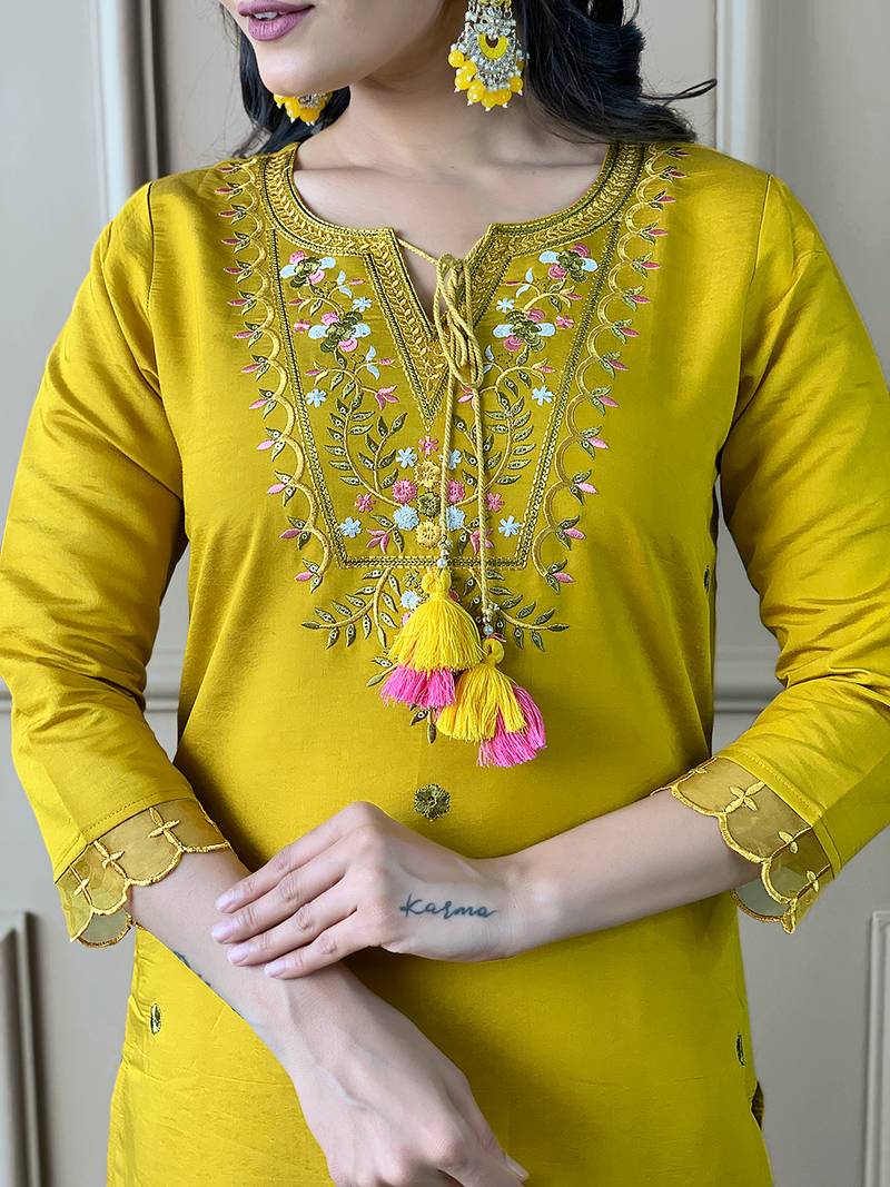 Mustard Embroidered Chanderi Fabric Straight Kurta, Pant and Dupatta Set