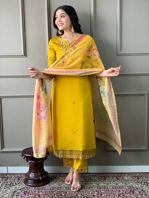Mustard Embroidered Chanderi Straight Kurta Pant and Dupatta Set 5