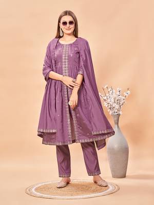 Womens Lavender Color Latest Pure Art Silk Embroidery Work Kurta, Pant With Dupatta Set | Women Stylish Kurta Set  1