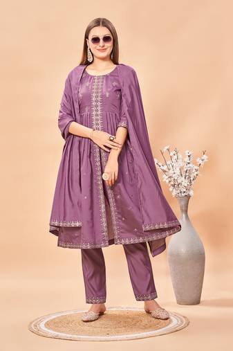 Womens Lavender Color Latest Pure Art Silk Embroidery Work Kurta, Pant With Dupatta Set | Women Stylish Kurta Set 