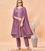 Womens Lavender Color Latest Pure Art Silk Embroidery Work Kurta, Pant With Dupatta Set | Women Stylish Kurta Set 