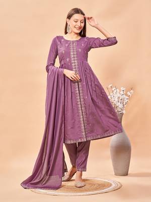 Womens Lavender Color Latest Pure Art Silk Embroidery Work Kurta, Pant With Dupatta Set | Women Stylish Kurta Set  2