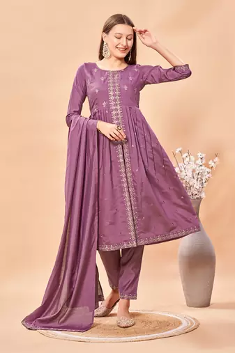 Womens Lavender Color Latest Pure Art Silk Embroidery Work Kurta, Pant With Dupatta Set | Women Stylish Kurta Set 