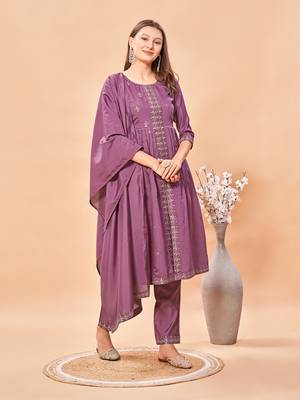 Womens Lavender Color Latest Pure Art Silk Embroidery Work Kurta, Pant With Dupatta Set | Women Stylish Kurta Set  3