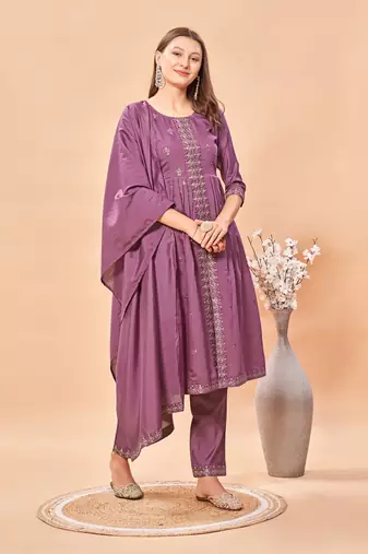 Womens Lavender Color Latest Pure Art Silk Embroidery Work Kurta, Pant With Dupatta Set | Women Stylish Kurta Set 