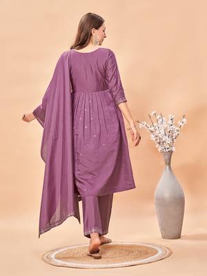 Womens Lavender Color Latest Pure Art Silk Embroidery Work Kurta, Pant With Dupatta Set | Women Stylish Kurta Set  4