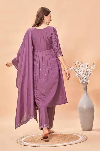 Womens Lavender Color Latest Pure Art Silk Embroidery Work Kurta, Pant With Dupatta Set | Women Stylish Kurta Set 