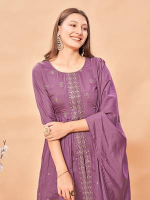 Womens Lavender Color Latest Pure Art Silk Embroidery Work Kurta, Pant With Dupatta Set | Women Stylish Kurta Set  5