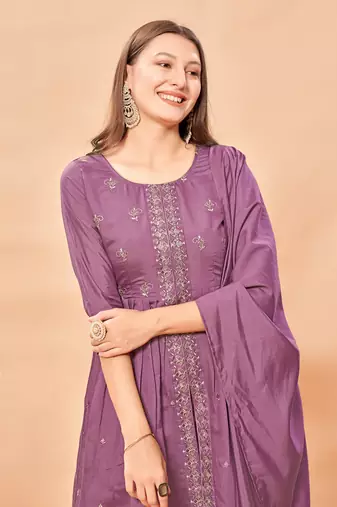 Womens Lavender Color Latest Pure Art Silk Embroidery Work Kurta, Pant With Dupatta Set | Women Stylish Kurta Set 