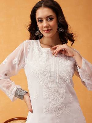 Hand embroidered white georgette lucknowi chikankari kurta/sharara set with slip 7