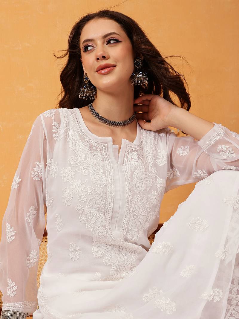Hand embroidered white georgette lucknowi chikankari kurta/sharara set with slip