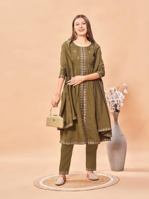 Womens Brown Latest Pure Art Silk Embroidery Work Kurta, Pant With Dupatta Set Women Stylish Kurta Set For Festival wear 1