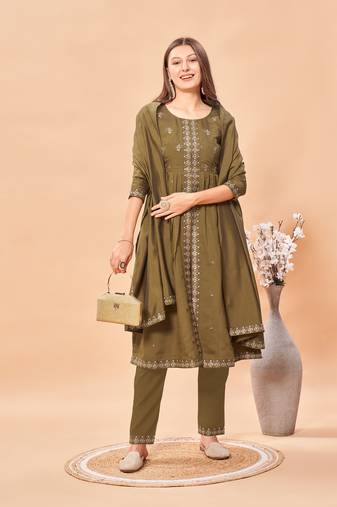 Womens Brown Latest Pure Art Silk Embroidery Work Kurta, Pant With Dupatta Set Women Stylish Kurta Set For Festival wear