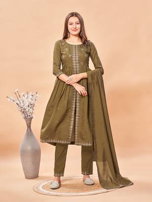 Womens Brown Latest Pure Art Silk Embroidery Work Kurta, Pant With Dupatta Set Women Stylish Kurta Set For Festival wear 2