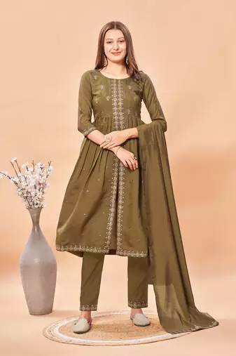 Womens Brown Latest Pure Art Silk Embroidery Work Kurta, Pant With Dupatta Set Women Stylish Kurta Set For Festival wear