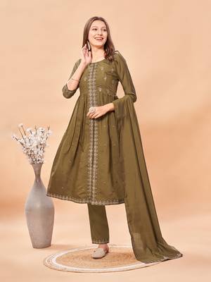 Womens Brown Latest Pure Art Silk Embroidery Work Kurta, Pant With Dupatta Set Women Stylish Kurta Set For Festival wear 3