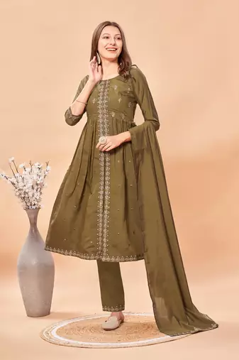 Womens Brown Latest Pure Art Silk Embroidery Work Kurta, Pant With Dupatta Set Women Stylish Kurta Set For Festival wear
